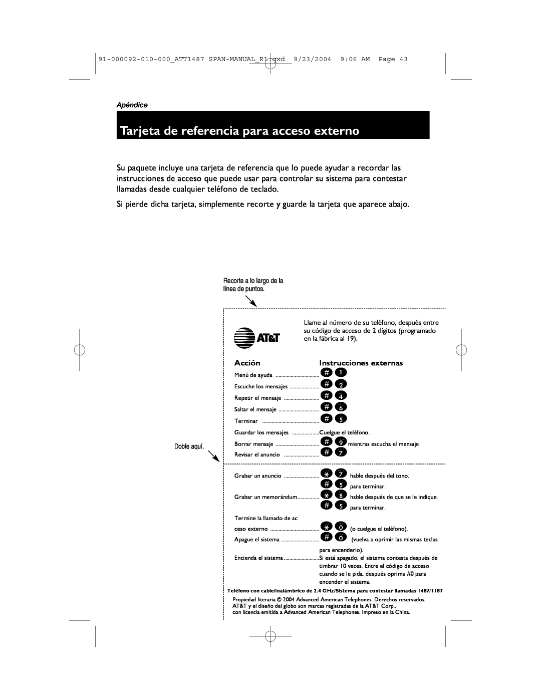 AT&T 1187, 1487 manual Tarjeta de referencia para acceso externo, Acción, Instrucciones externas 