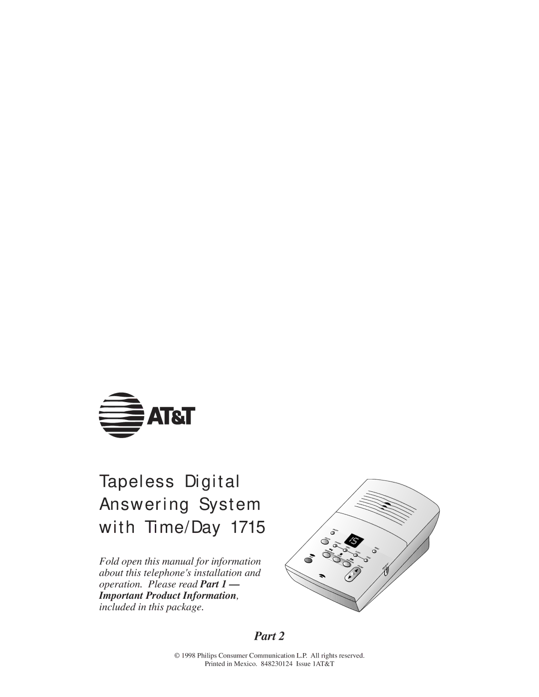 AT&T 1715 manual Tapeless Digital Answering System with Time/Day 