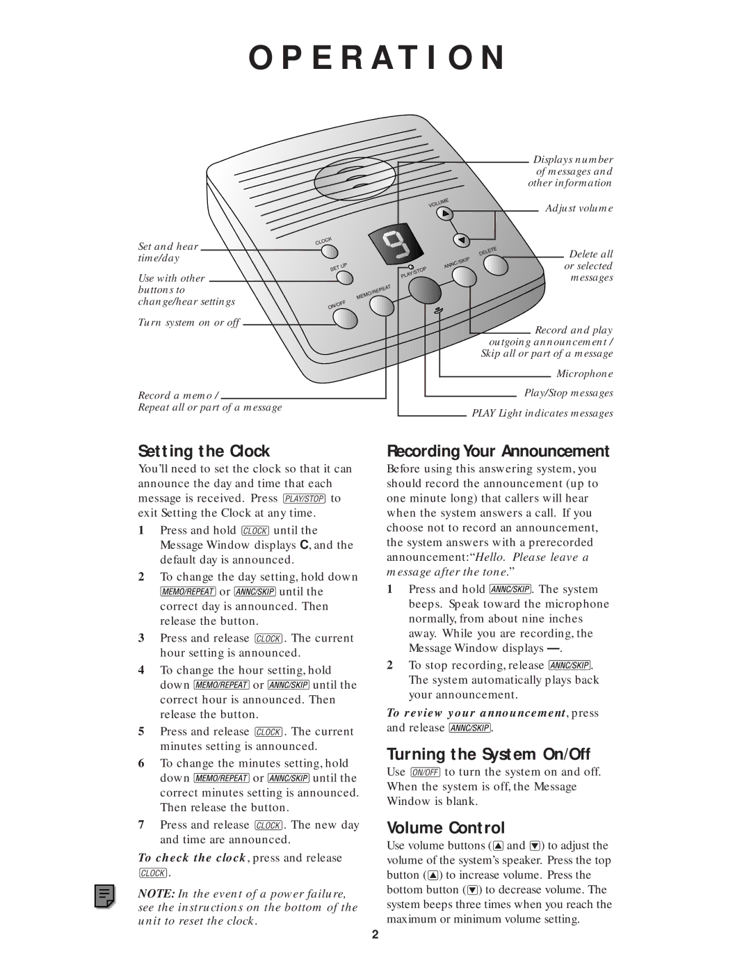 AT&T 1717 E R a T I O N, Setting the Clock, Recording Your Announcement, Turning the System On/Off, Volume Control 