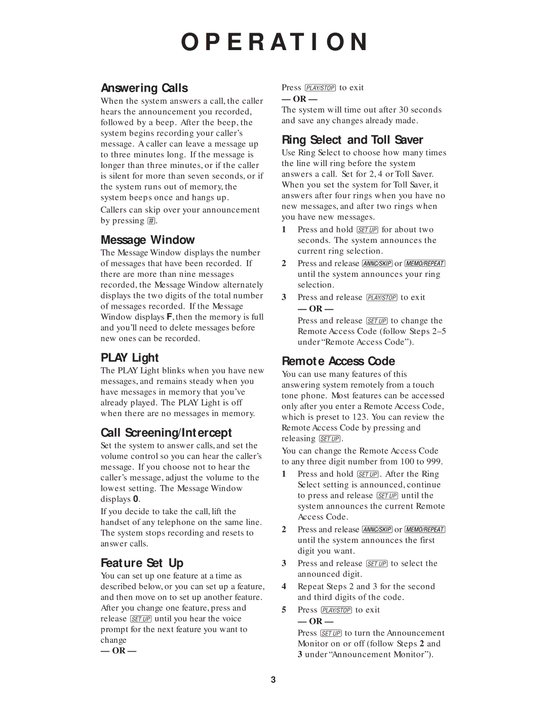 AT&T 1717 Answering Calls, Message Window, Play Light, Call Screening/Intercept, Feature Set Up, Remote Access Code 