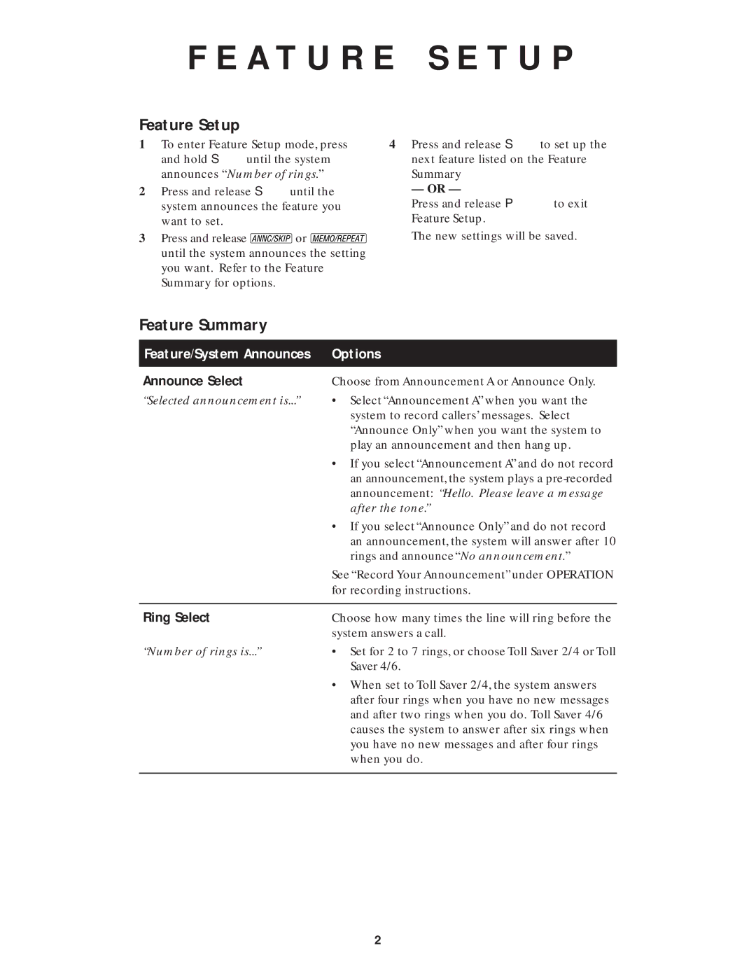 AT&T 1718 user manual A T U R E, T U P, Feature Setup, Feature Summary 