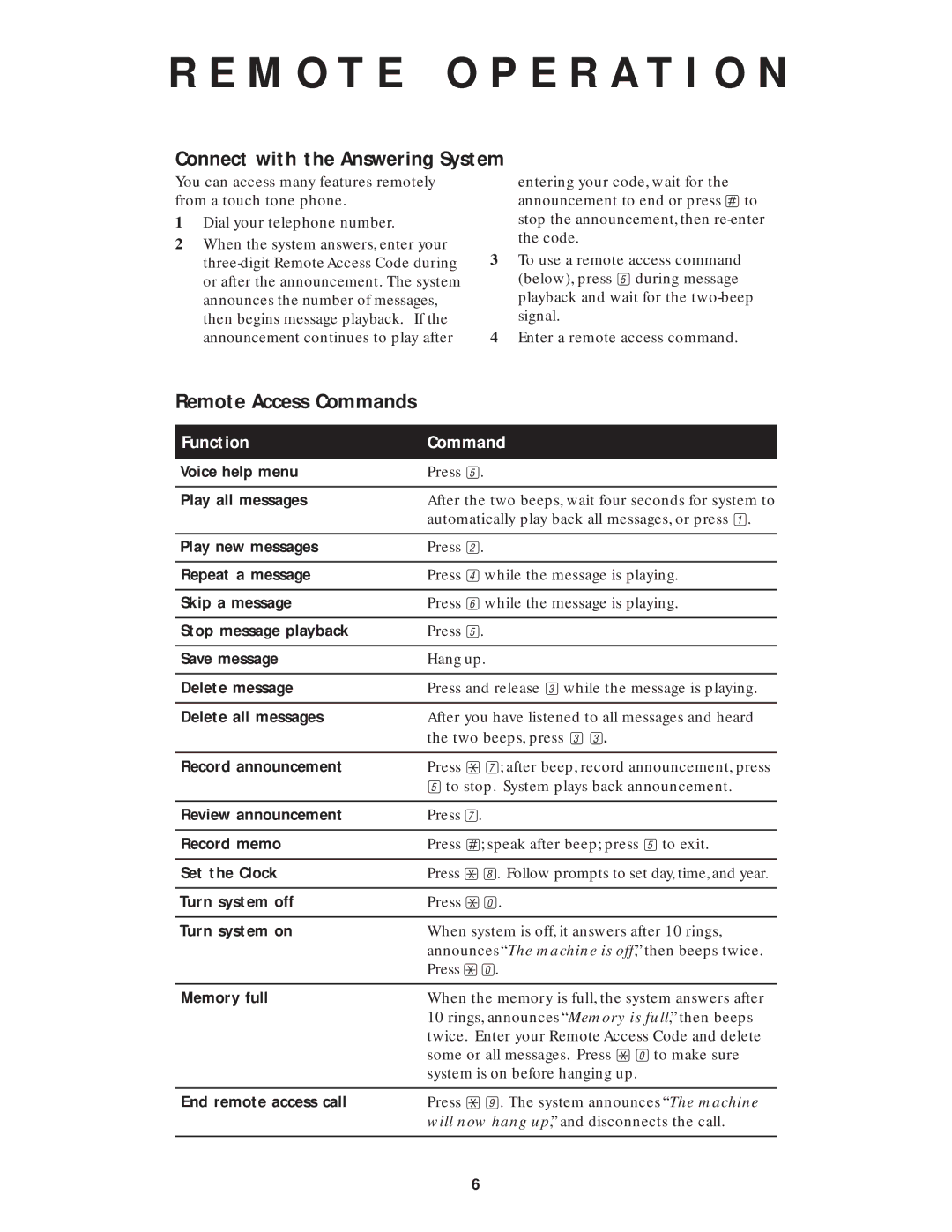 AT&T 1718 user manual M O T E O P E R a T I O N, Connect with the Answering System, Remote Access Commands 