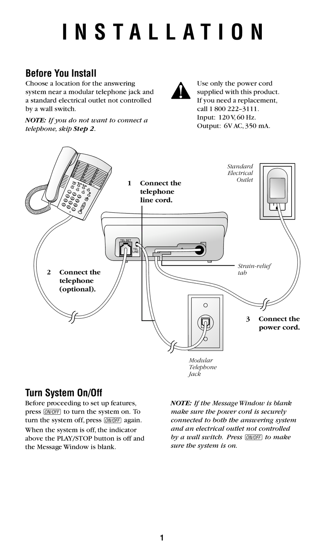 AT&T 1719 user manual Installation, Before You Install, Turn System On/Off 