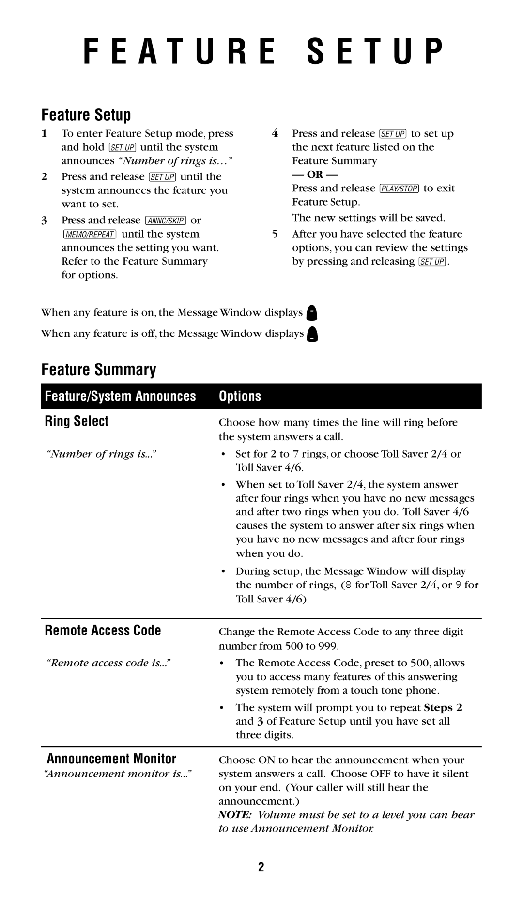 AT&T 1719 user manual A T U R E S E T U P, Feature Setup, Feature Summary, Options 