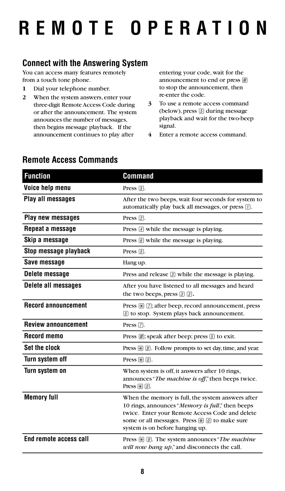 AT&T 1719 M O T E O P E R a T I O N, Connect with the Answering System, Remote Access Commands, Function Command 