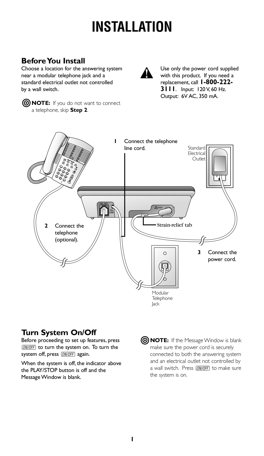 AT&T 1722 user manual Installation, Before You Install, Turn System On/Off 