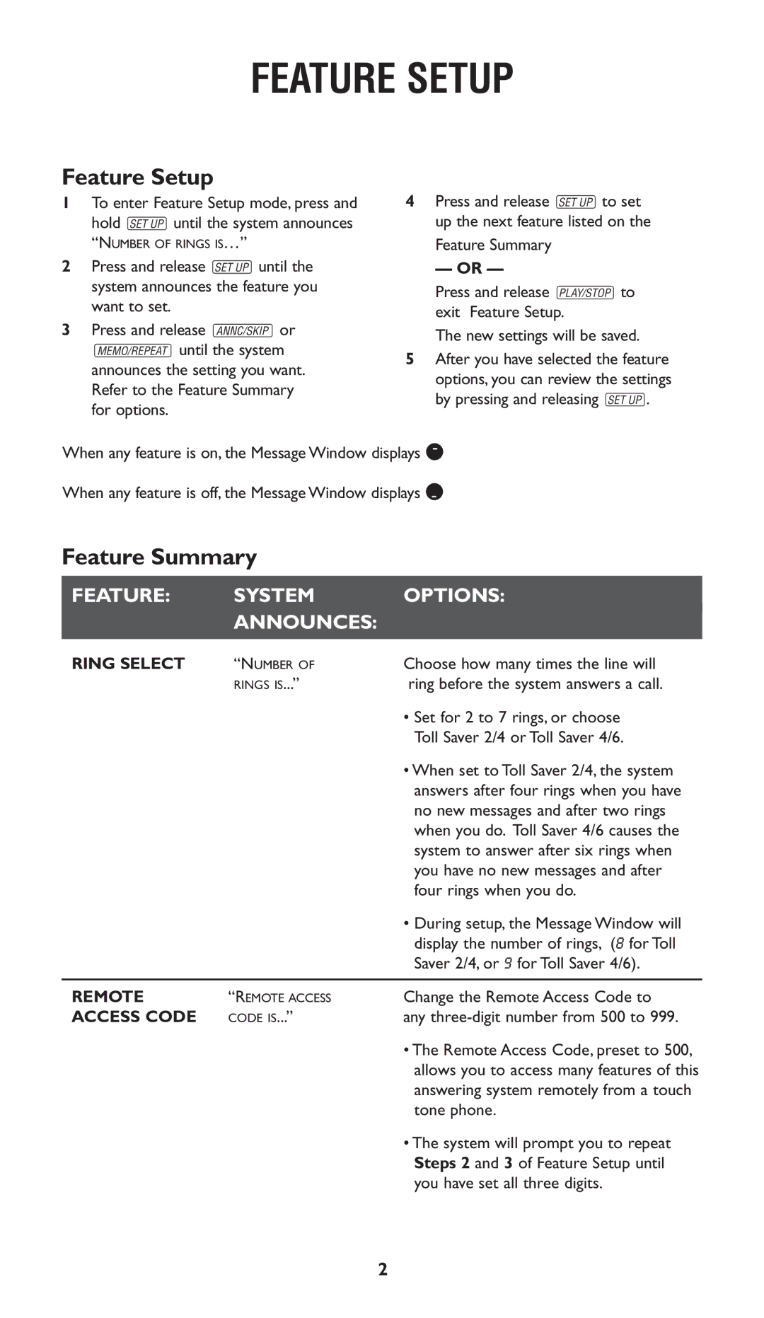 AT&T 1722 user manual Feature Setup, Feature Summary 