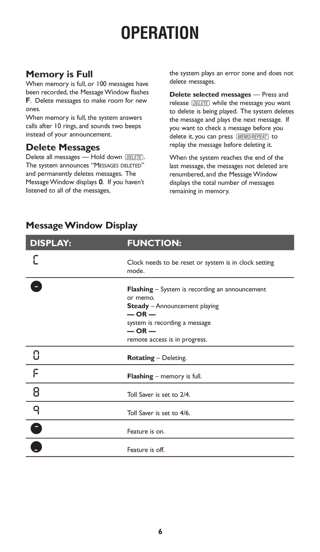 AT&T 1722 Memory is Full, Delete Messages, Message Window Display, System plays an error tone and does not delete messages 