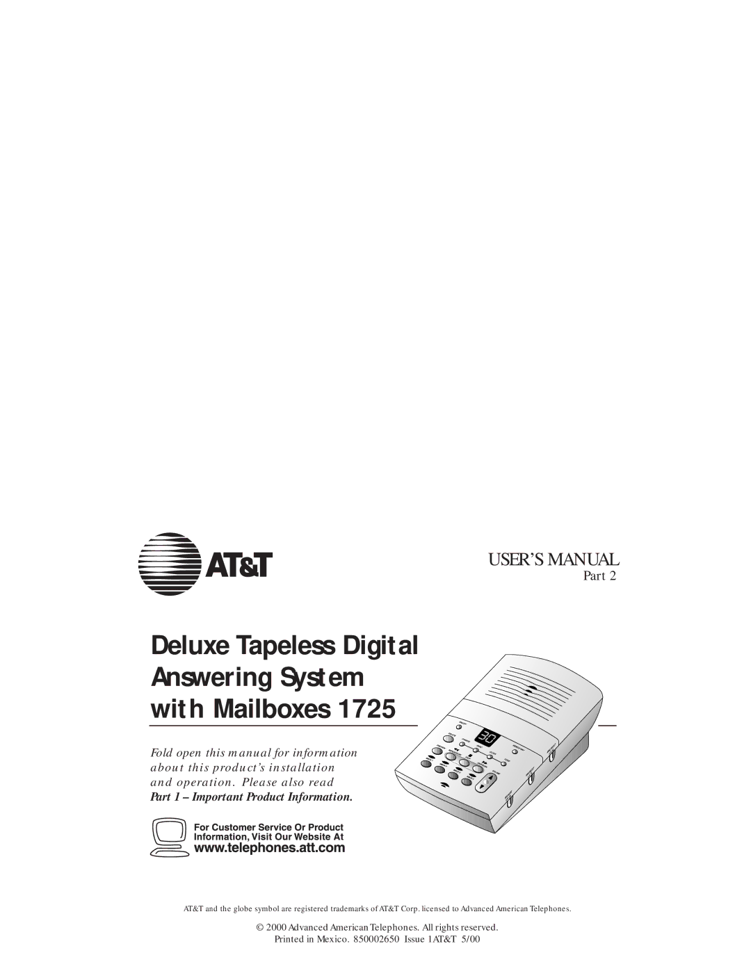 AT&T 1725 user manual Deluxe Tapeless Digital Answering System with Mailboxes 