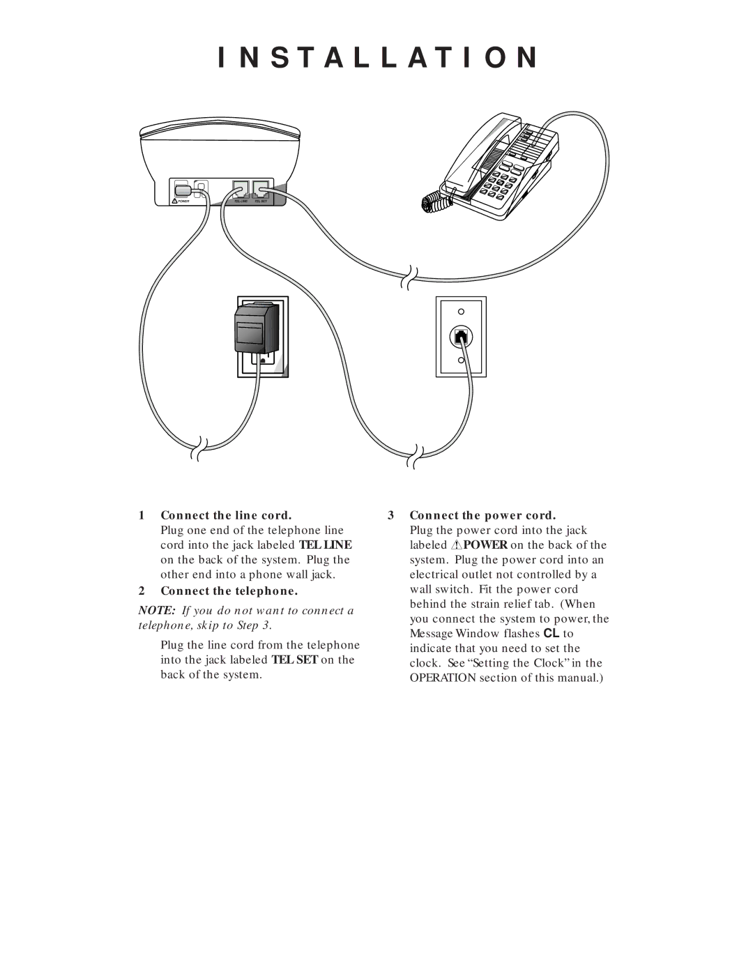 AT&T 1725 user manual Installation, Connect the line cord, Connect the telephone, Connect the power cord 