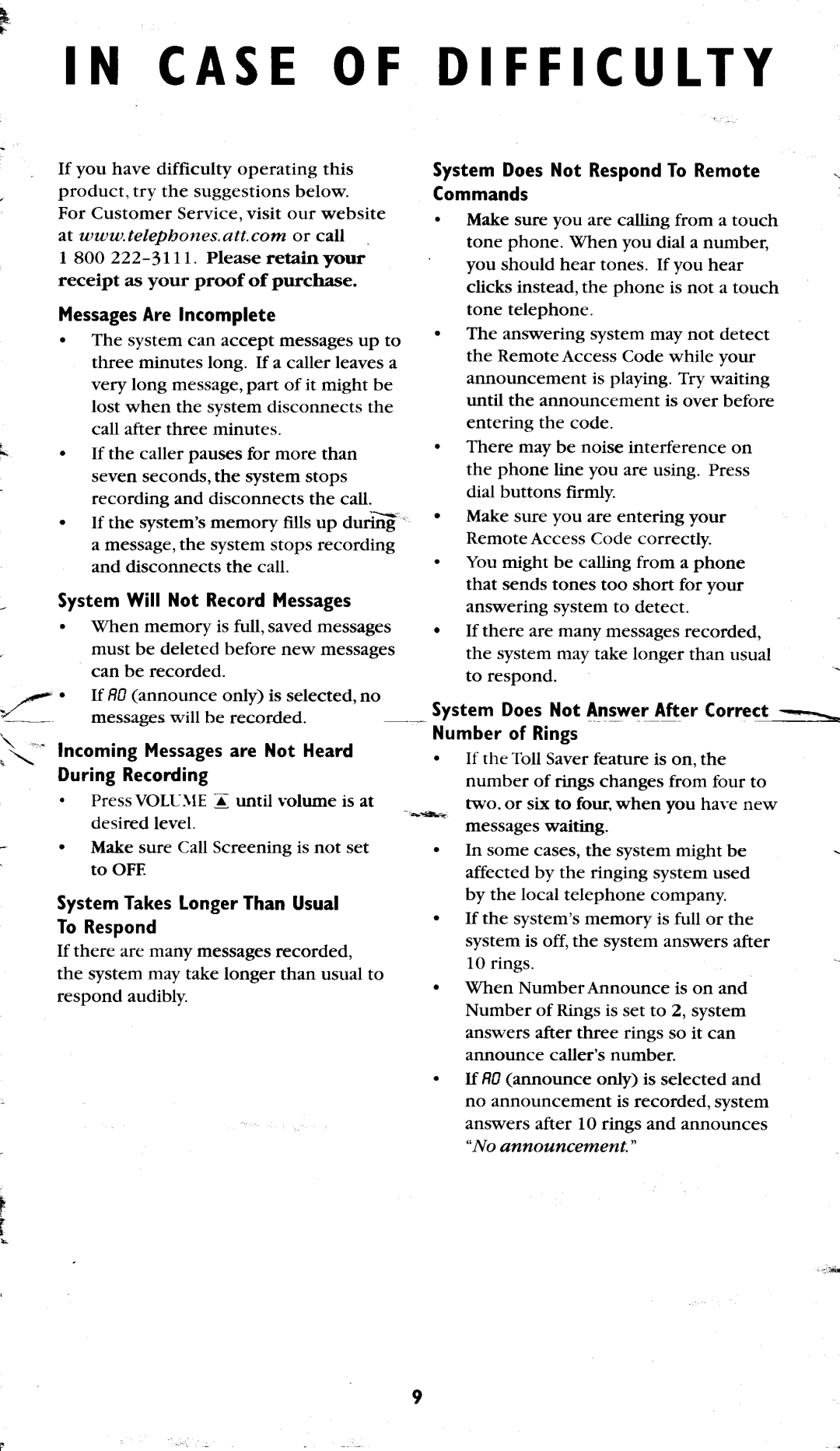 AT&T 1726 manual C a S EO F D I F F I C U L T, System DoesNot Anqwelfter Correc!*- Numberof Rings 