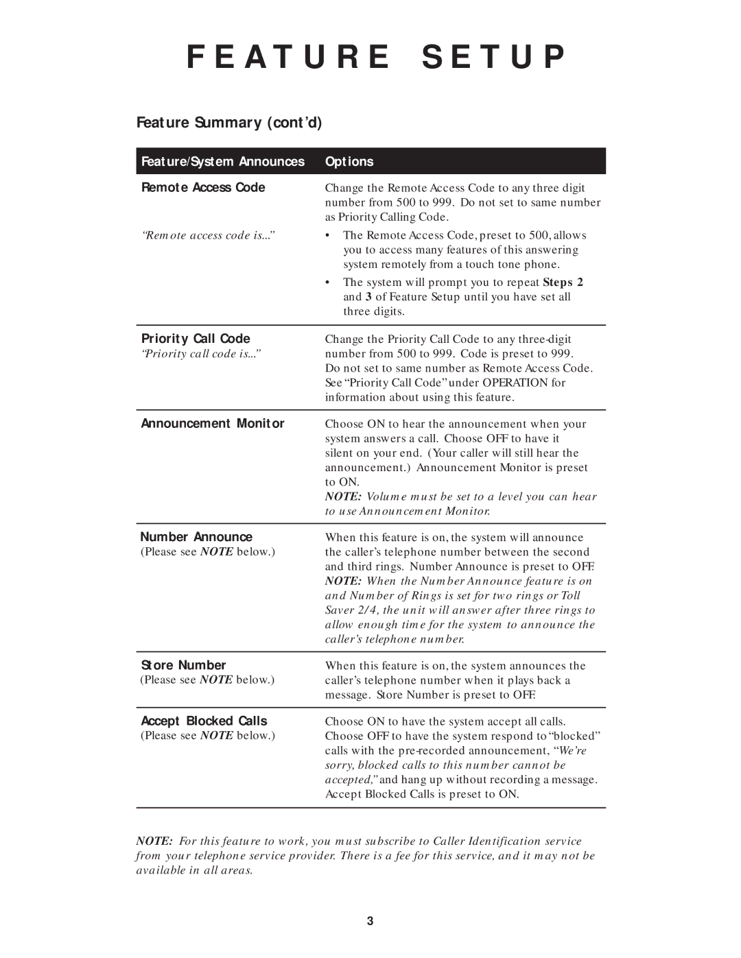 AT&T 1726 user manual Feature Summary cont’d, Remote Access Code, Priority Call Code, Announcement Monitor 