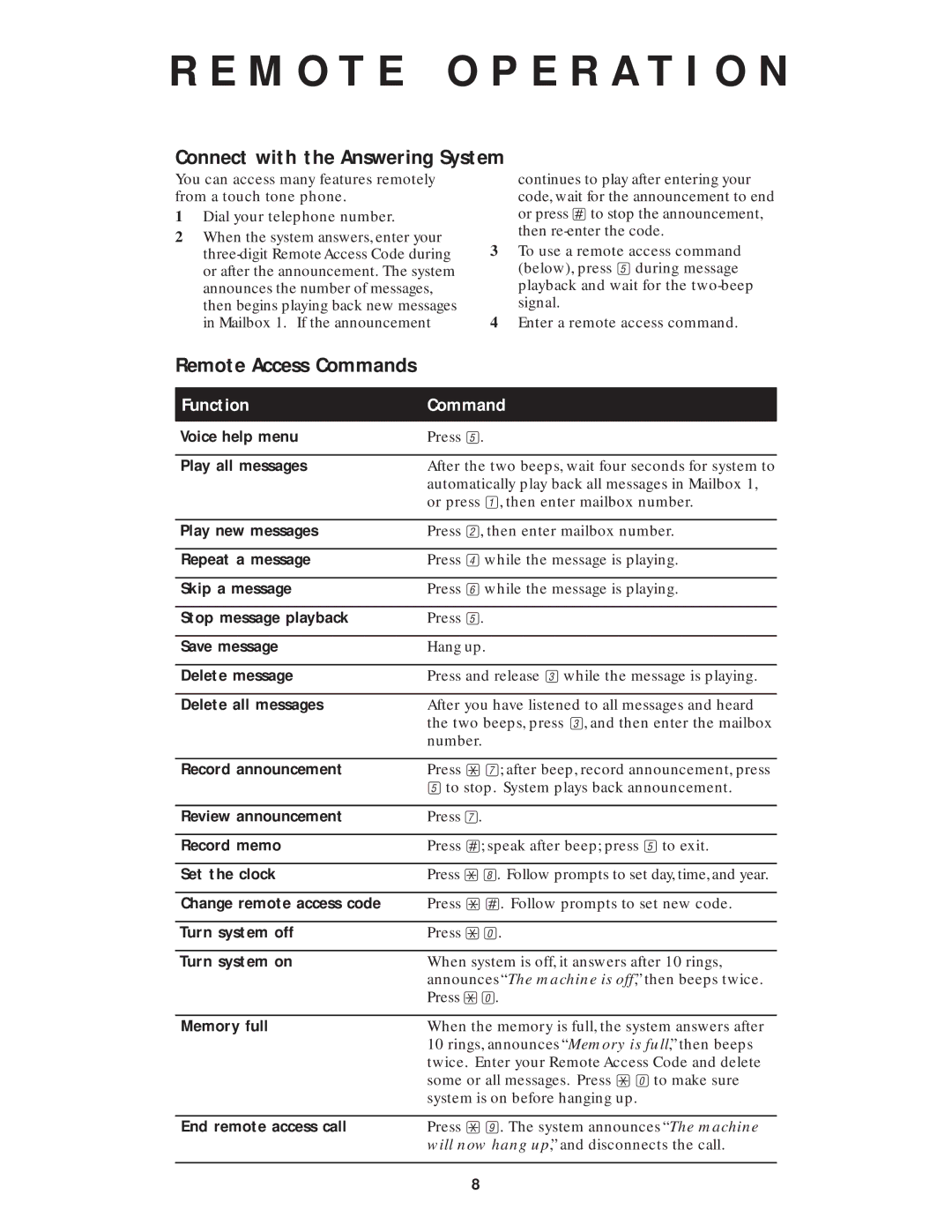 AT&T 1726 user manual M O T E O P E R a T I O N, Connect with the Answering System, Remote Access Commands 