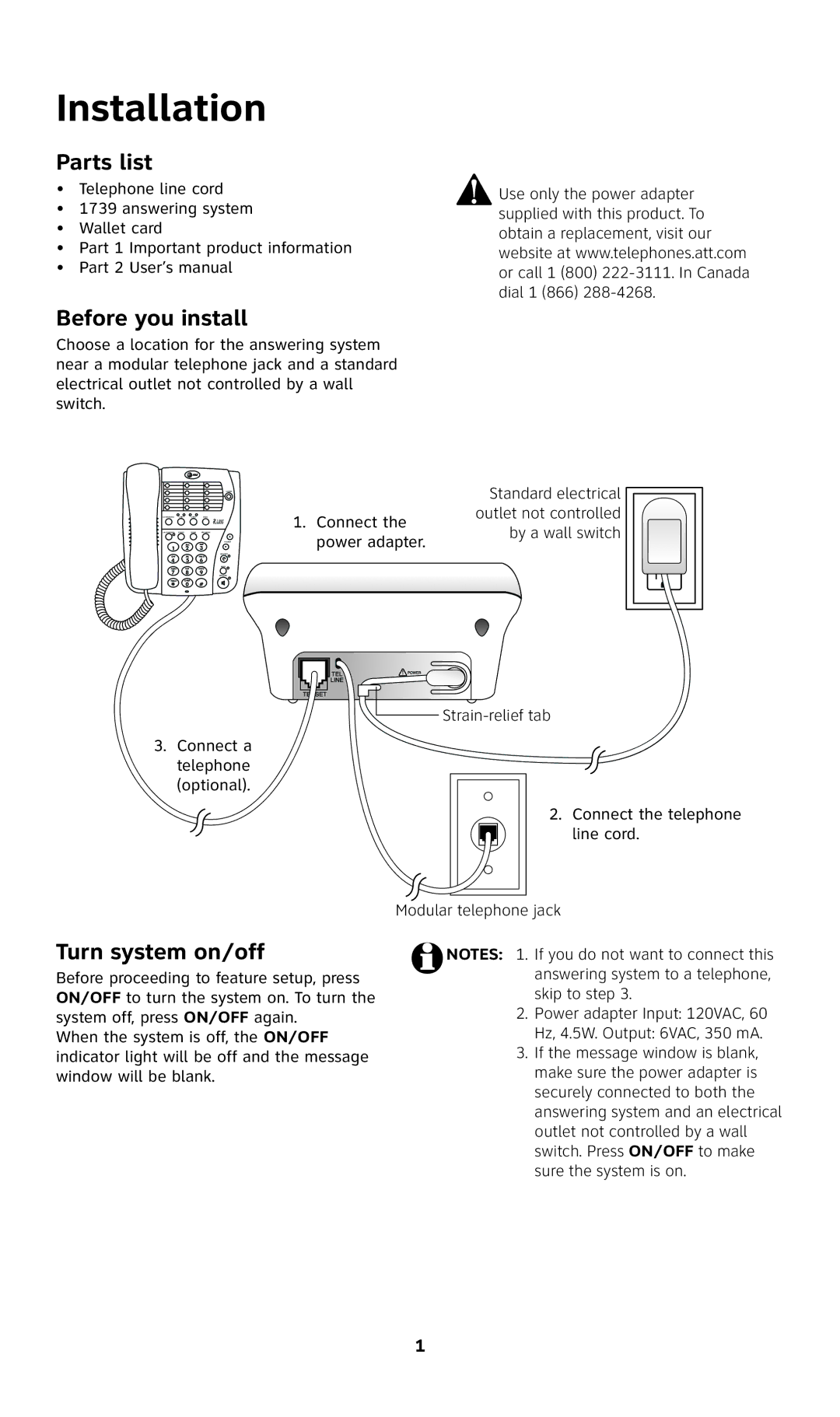 AT&T 1739 user manual Installation, Parts list, Before you install, Turn system on/off 