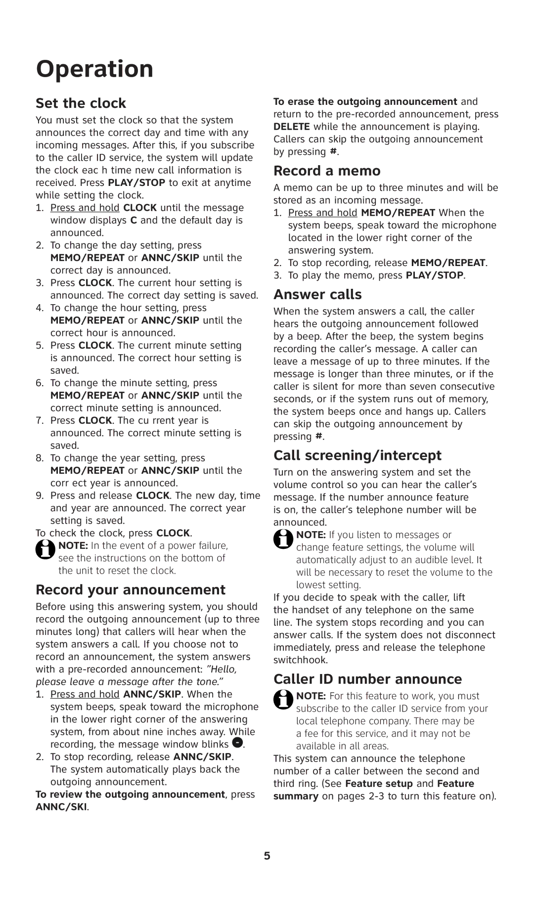 AT&T 1739 user manual Set the clock, Record your announcement, Record a memo, Answer calls, Call screening/intercept 