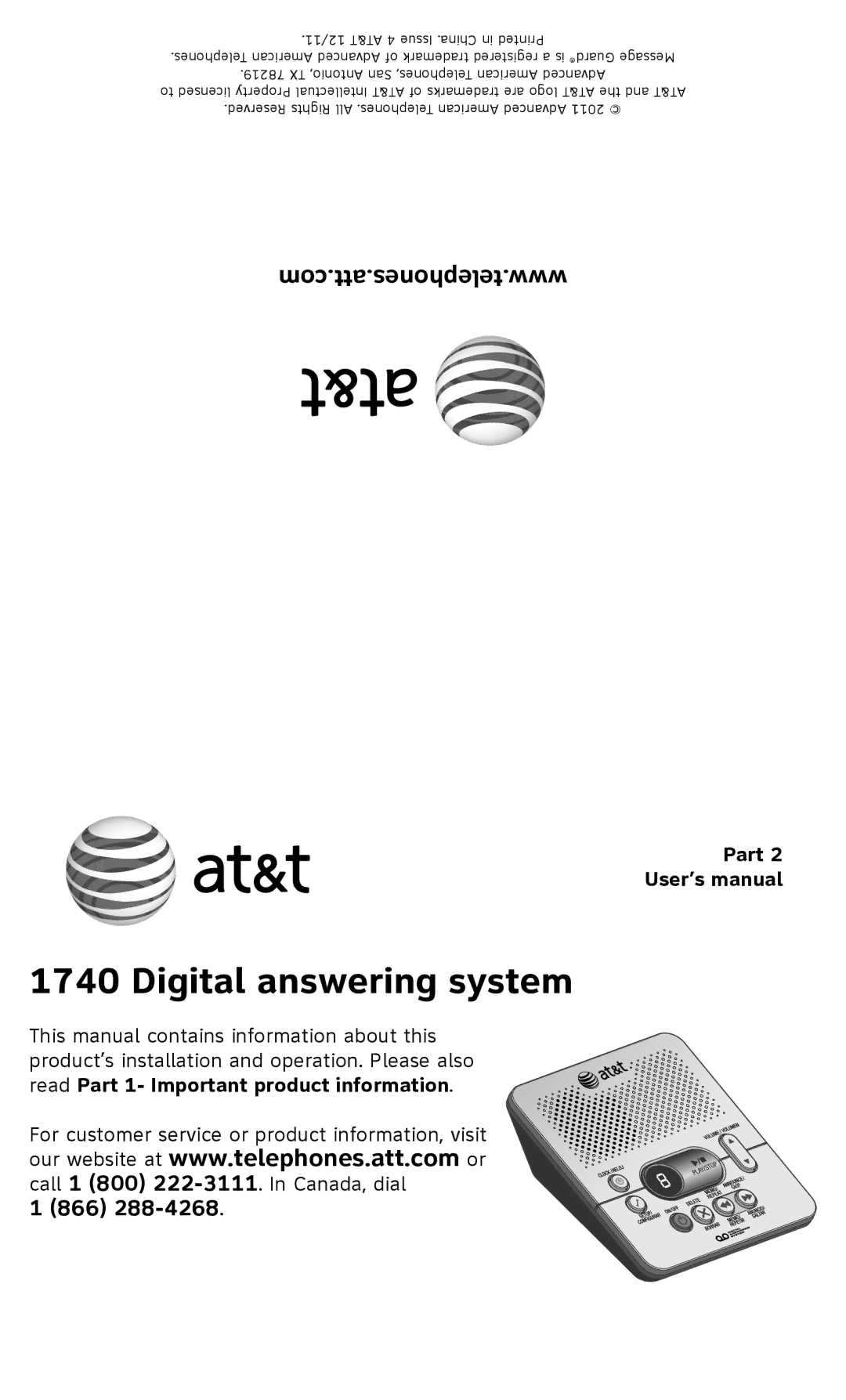 AT&T 1740 user manual Digital answering system, Part User’s manual 