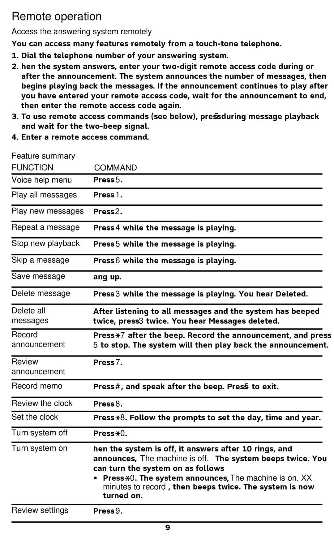 AT&T 1740 user manual Remote operation, Function Command 