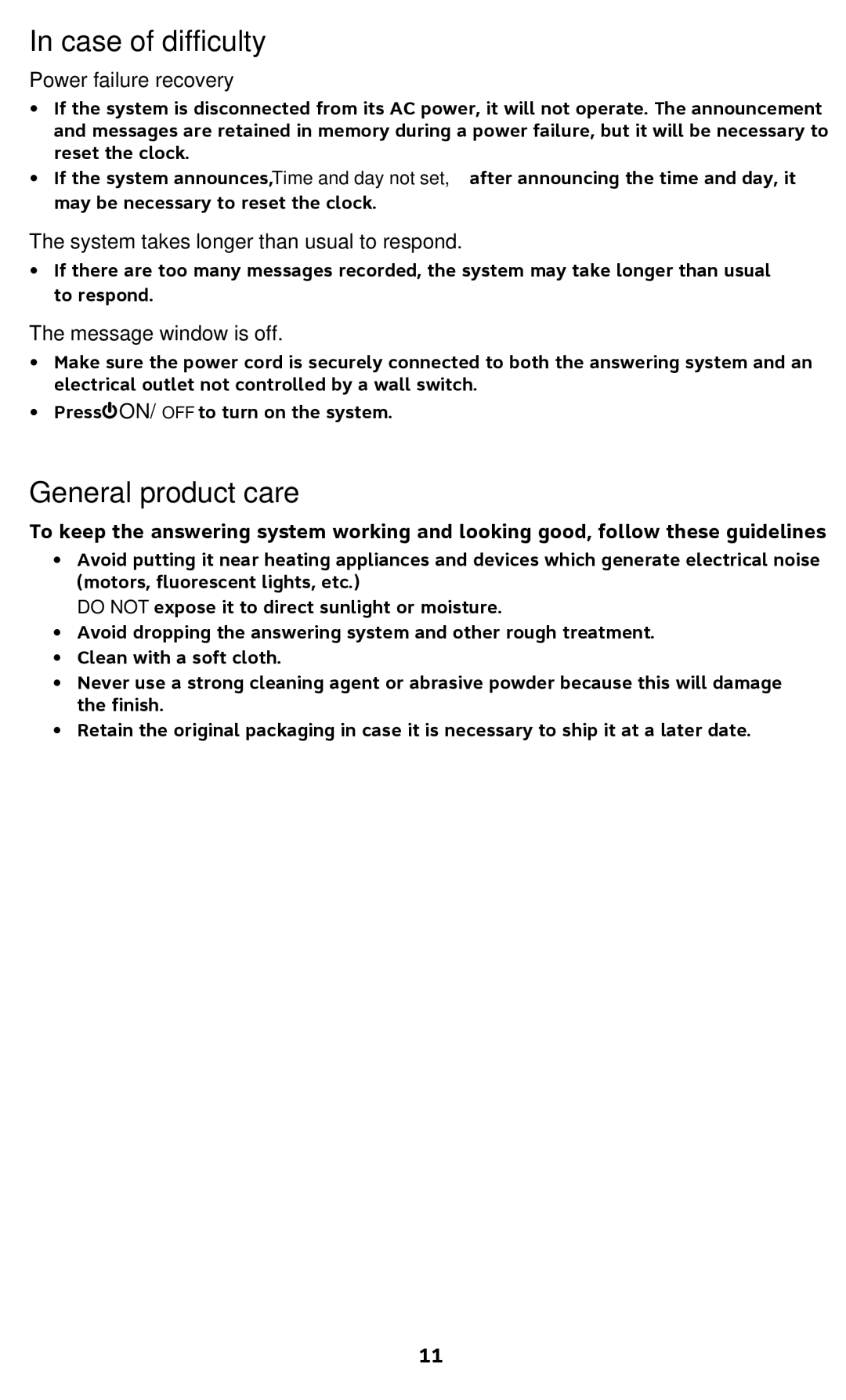 AT&T 1740 General product care, Power failure recovery, System takes longer than usual to respond, Message window is off 