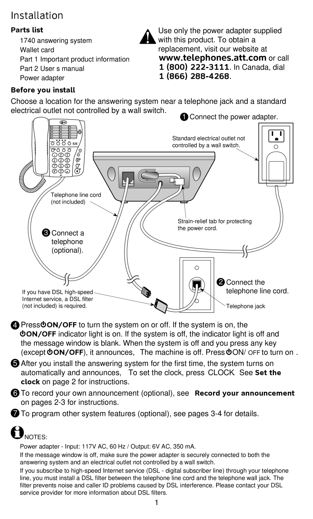 AT&T 1740 user manual Installation, Parts list, Before you install 