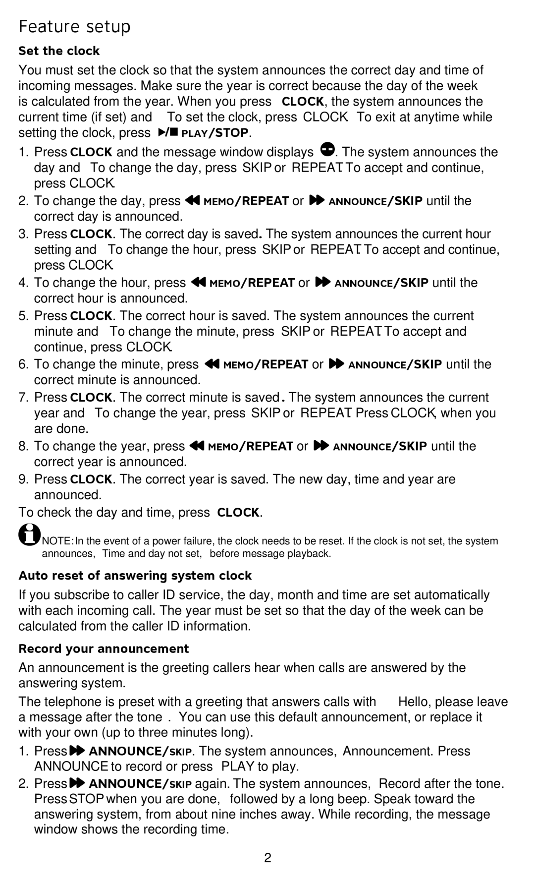 AT&T 1740 user manual Feature setup, Set the clock, Auto reset of answering system clock, Record your announcement 