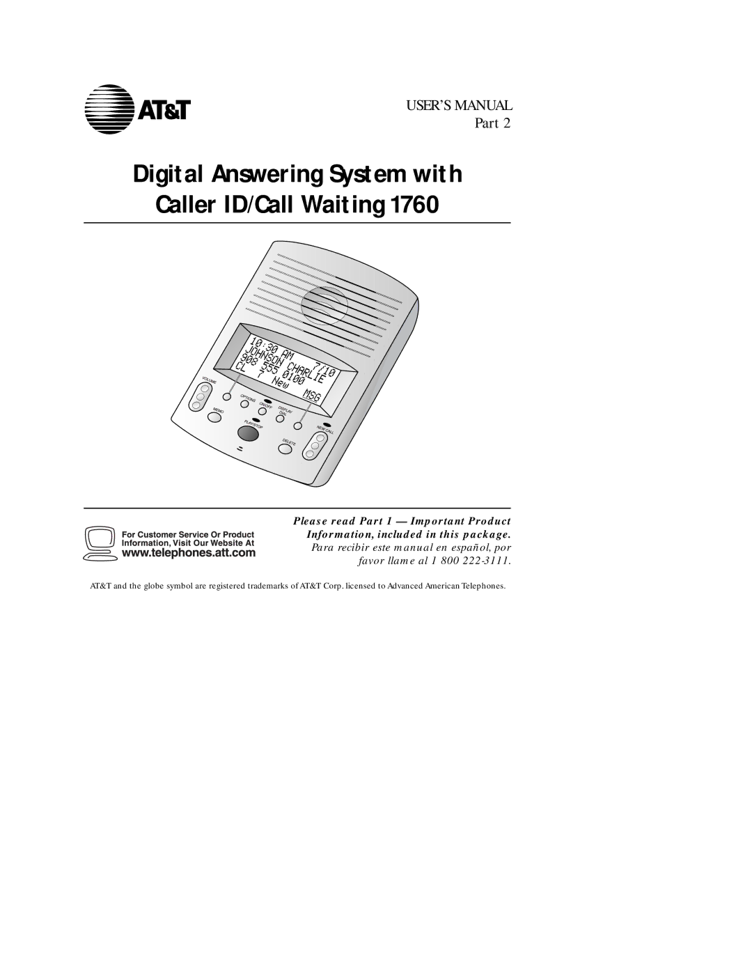 AT&T 1760 user manual Digital Answering System with Caller ID/Call Waiting 