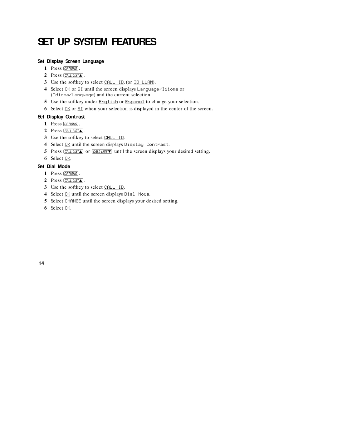 AT&T 1760 user manual Set Display Screen Language, Set Display Contrast, Set Dial Mode 