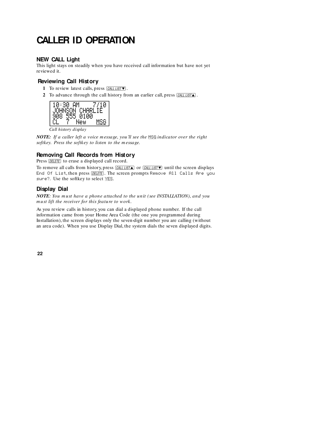 AT&T 1760 user manual NEW Call Light, Reviewing Call History, Removing Call Records from History, Display Dial 