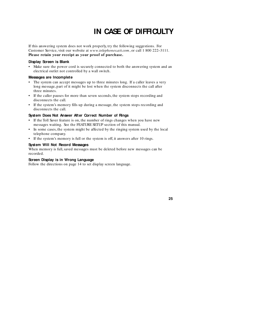 AT&T 1760 user manual Case of Difficulty 