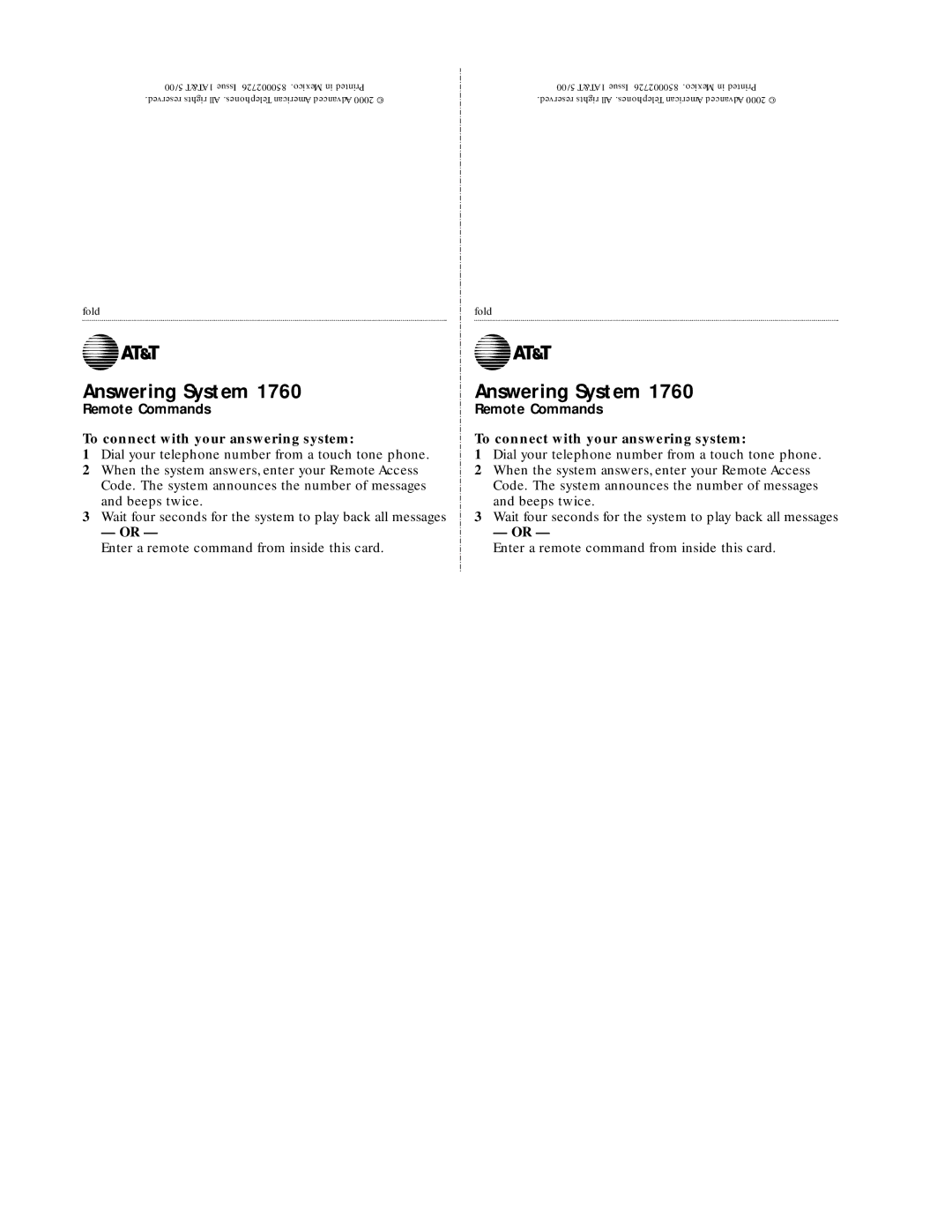 AT&T 1760 user manual Remote Commands, To connect with your answering system 