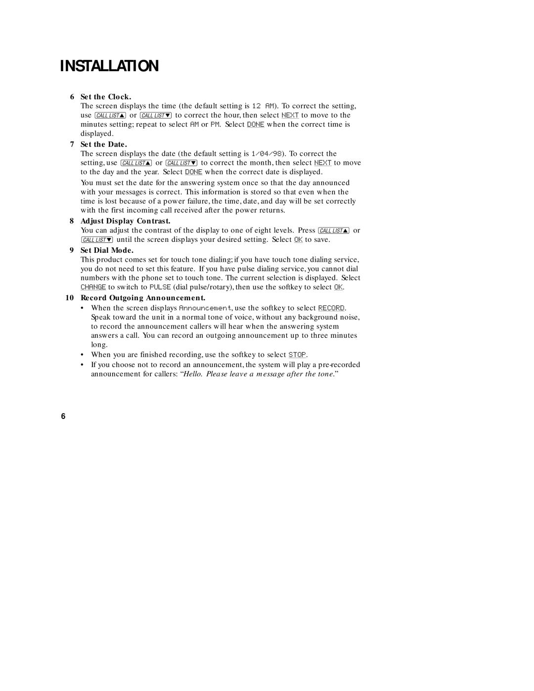 AT&T 1760 user manual Set the Clock, Set the Date, Adjust Display Contrast, Set Dial Mode, Record Outgoing Announcement 