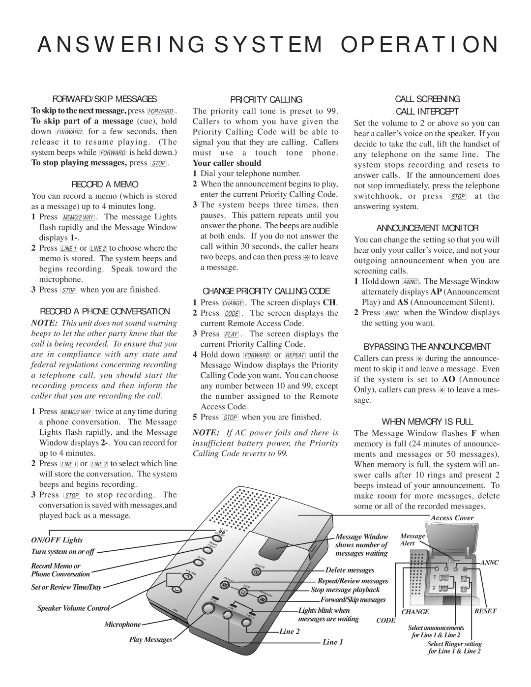 AT&T 1772 manual FORWARD/SKIP Messages, Record a Memo, Record a Phone Conversation, Priority Calling, Announcement Monitor 