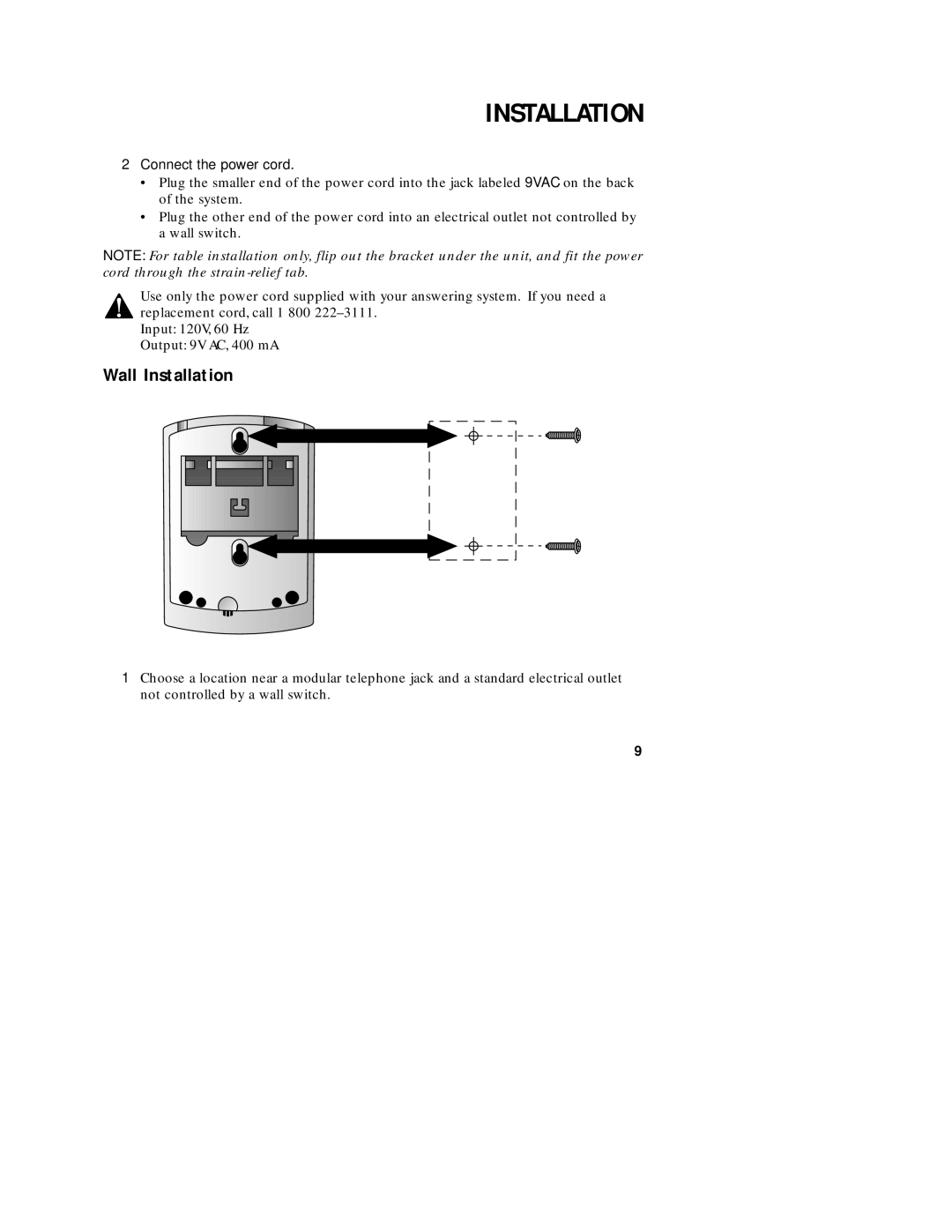 AT&T 1782 user manual Wall Installation, Connect the power cord 