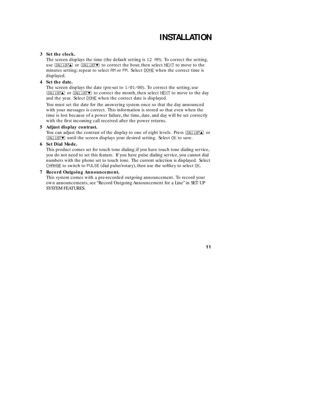 AT&T 1782 user manual Set the clock, Set the date, Adjust display contrast, Set Dial Mode, Record Outgoing Announcement 