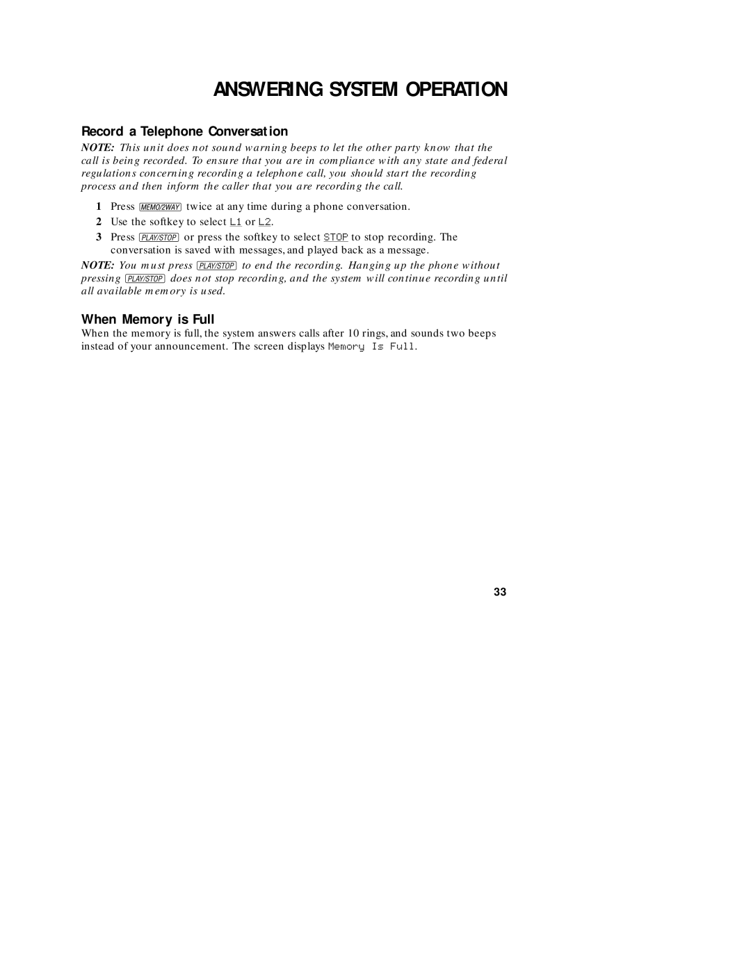 AT&T 1782 user manual Record a Telephone Conversation, When Memory is Full 