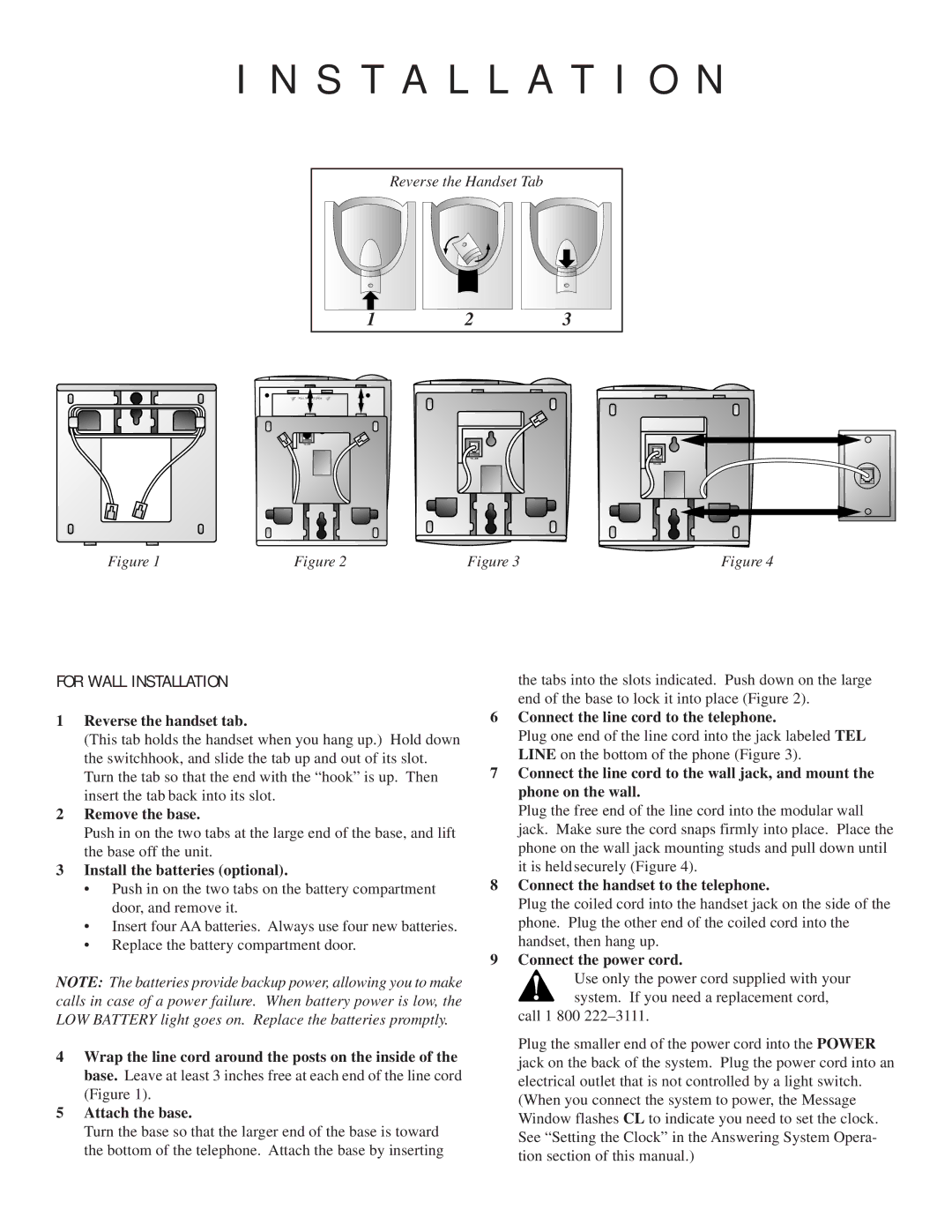 AT&T 1815 user manual Installation, Reverse the handset tab, Remove the base 