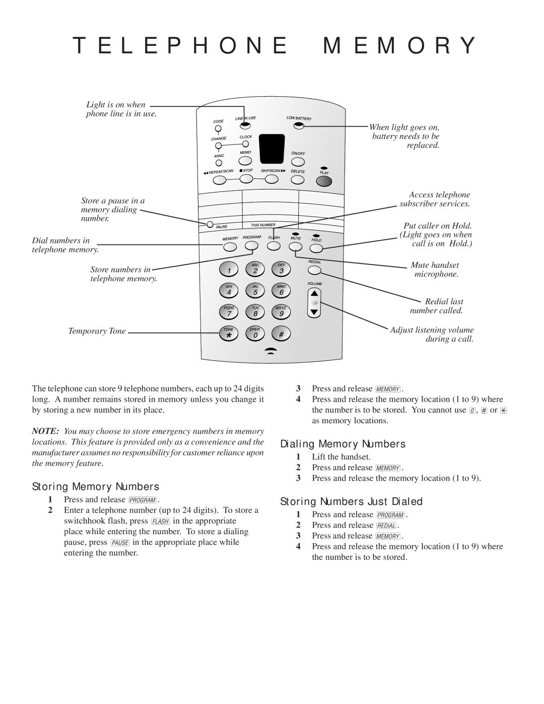 AT&T 1815 L E P H O N E M E M O R Y, Storing Memory Numbers, Dialing Memory Numbers, Storing Numbers Just Dialed 