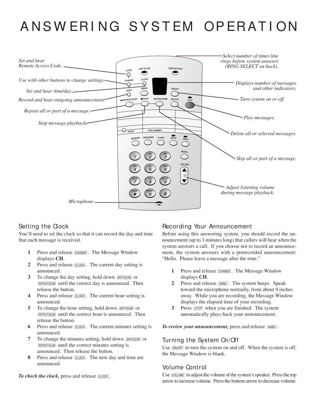 AT&T 1815 S W E R I N G S Y S T E M O P E R a T I O N, Setting the Clock, Recording Your Announcement, Volume Control 