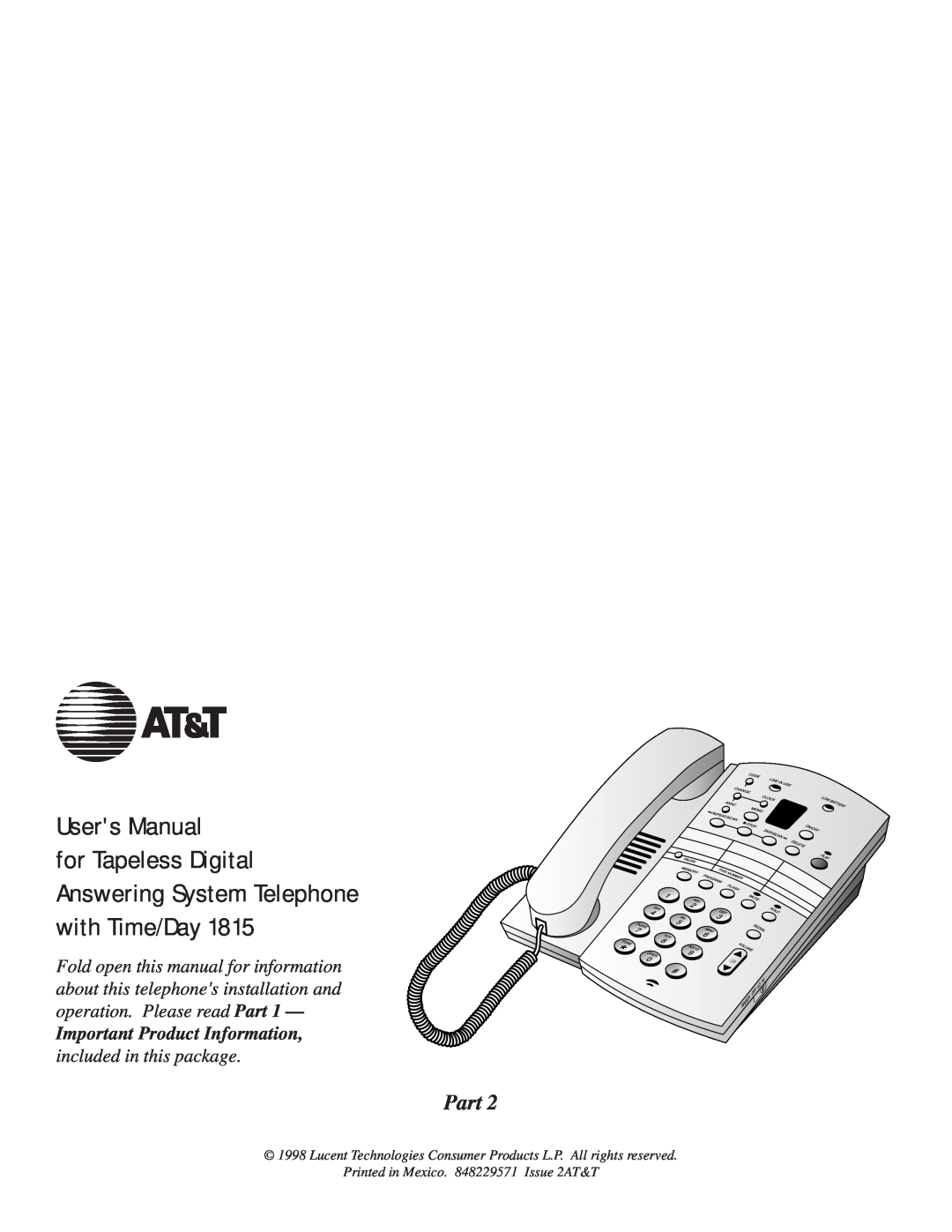 AT&T 1815 user manual for Tapeless Digital Answering System Telephone with Time/Day, Part, Important Product Information 
