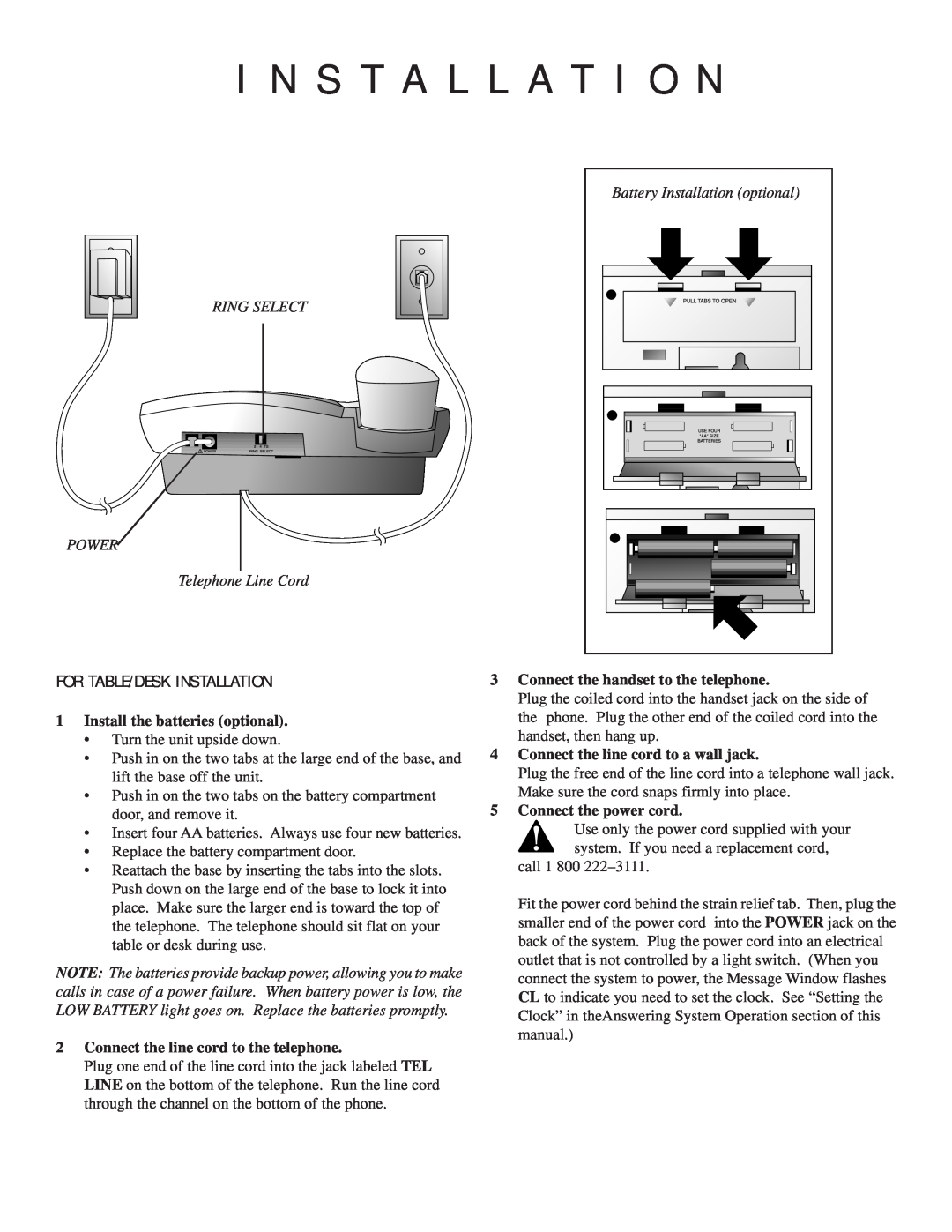 AT&T 1815 user manual I N S T A L, L A T I O N, For Table/Desk Installation, RING SELECT POWER Telephone Line Cord 