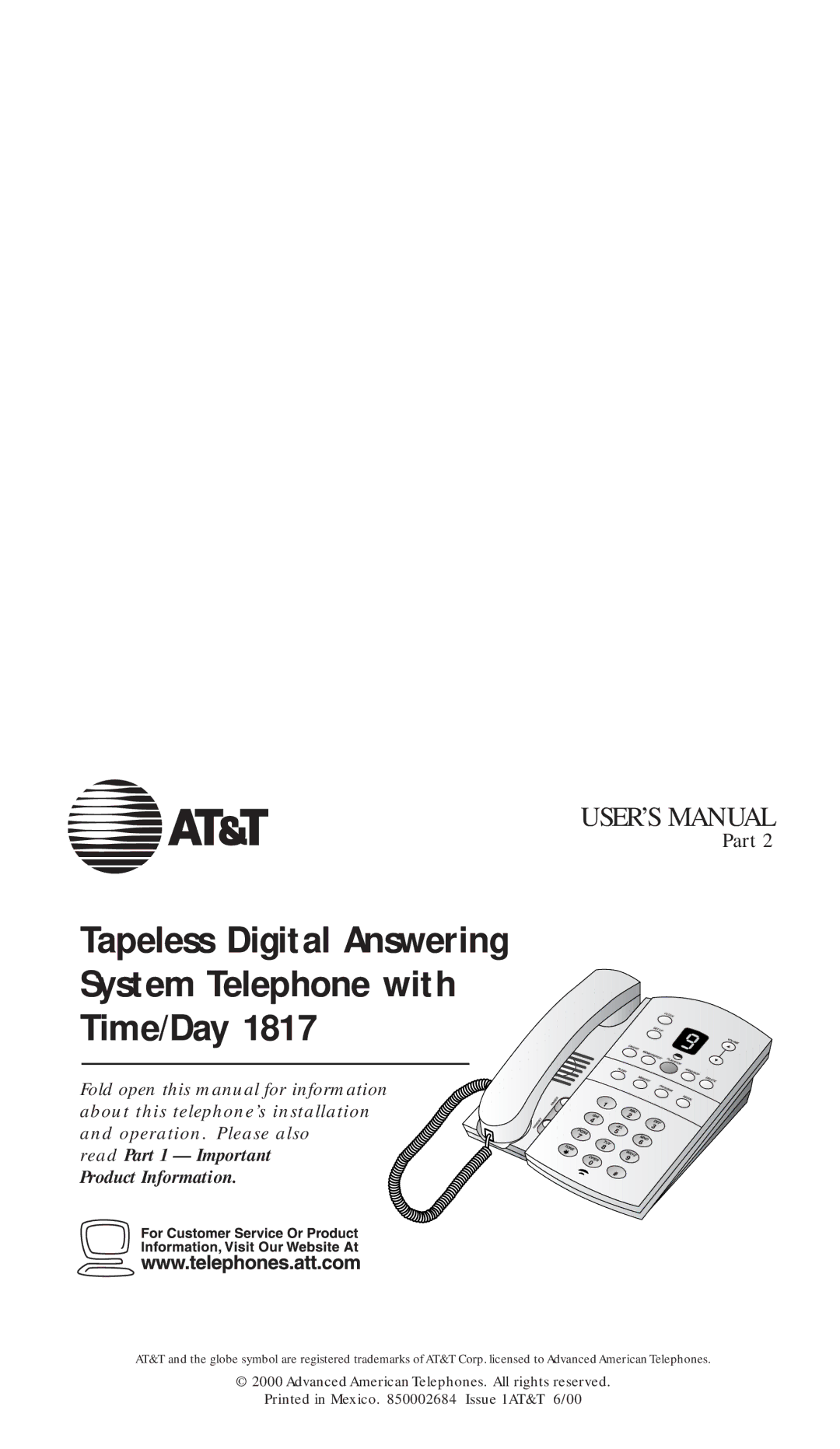 AT&T 1817 user manual Tapeless Digital Answering System Telephone with Time/Day 