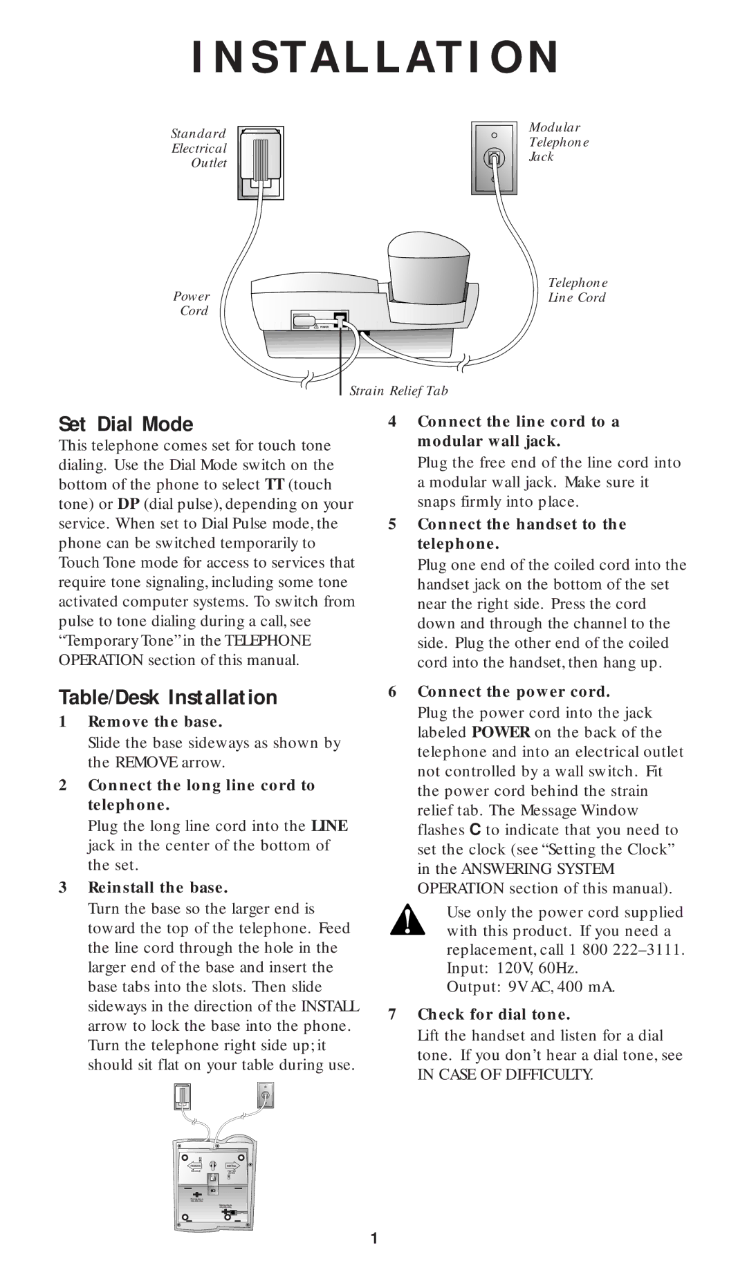 AT&T 1817 user manual Set Dial Mode, Table/Desk Installation 