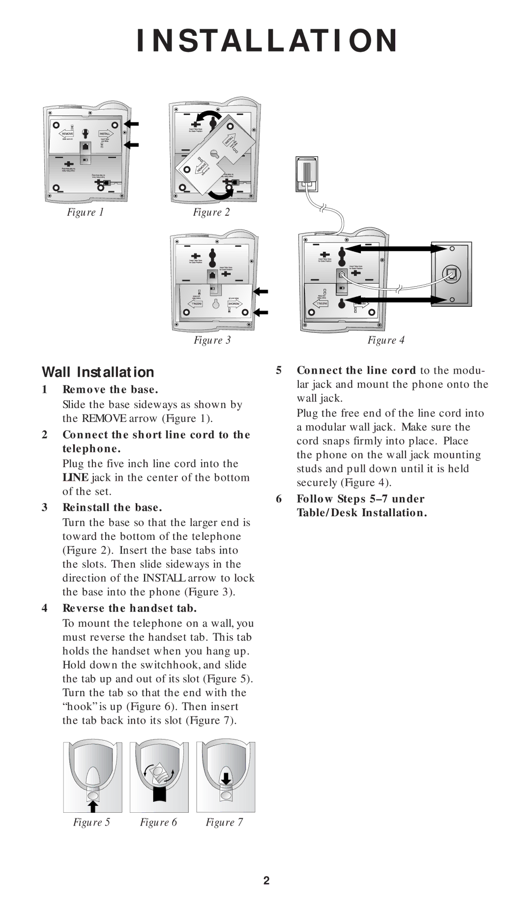 AT&T 1817 user manual Wall Installation, Connect the short line cord to the telephone, Reverse the handset tab 