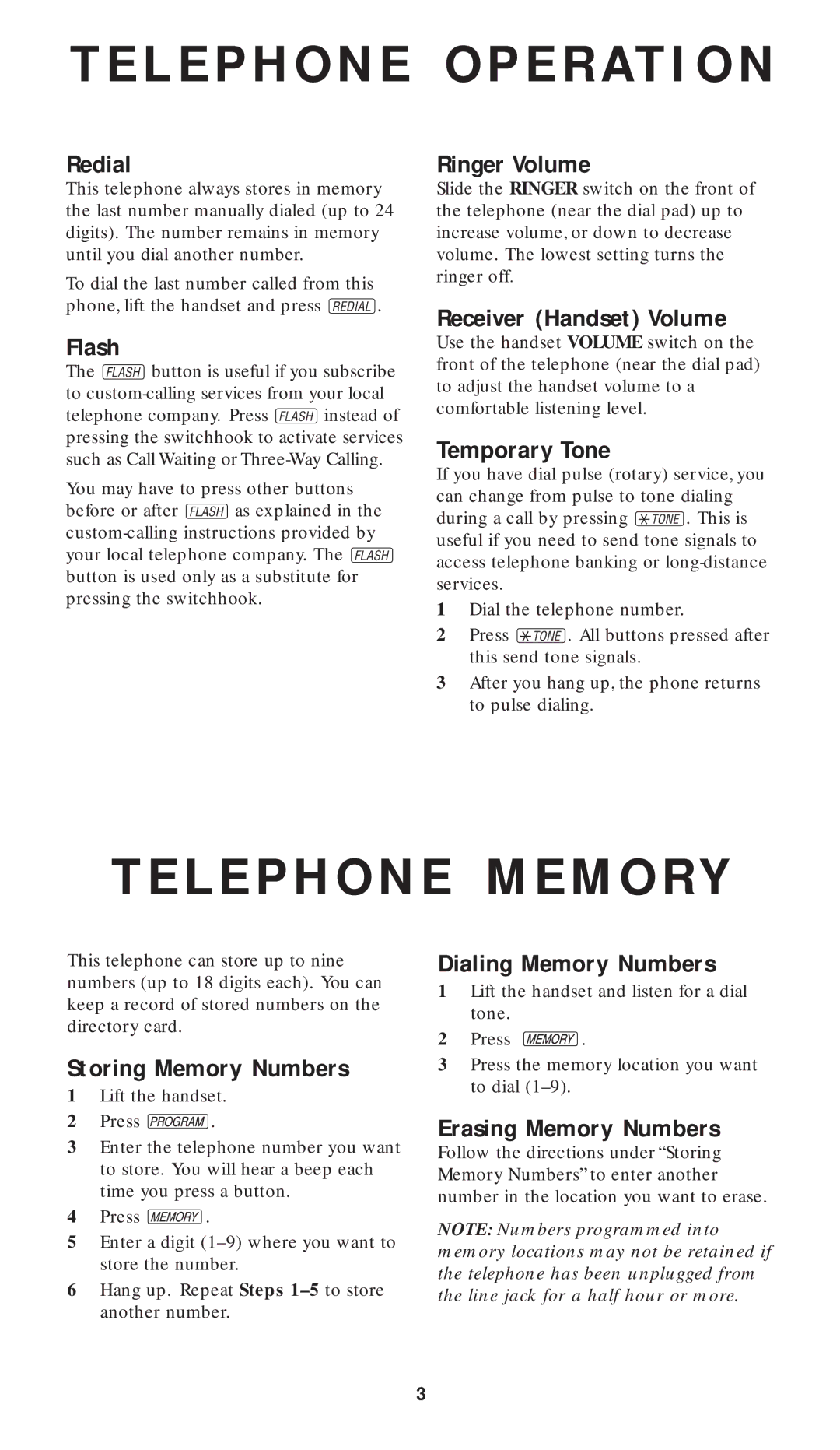 AT&T 1817 user manual Redial, Flash, Ringer Volume, Receiver Handset Volume, Temporary Tone, Storing Memory Numbers 