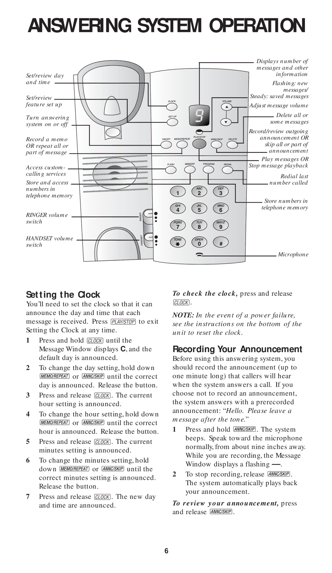 AT&T 1817 user manual Setting the Clock, Recording Your Announcement 