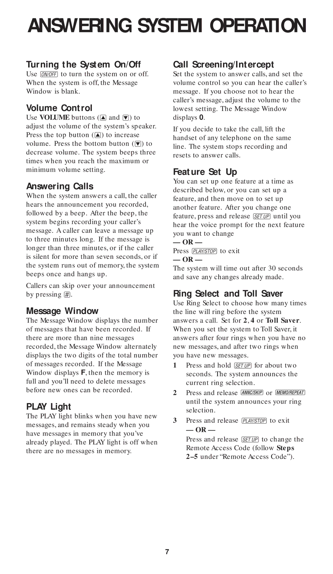 AT&T 1817 Turning the System On/Off, Volume Control, Answering Calls, Message Window, Play Light, Call Screening/Intercept 