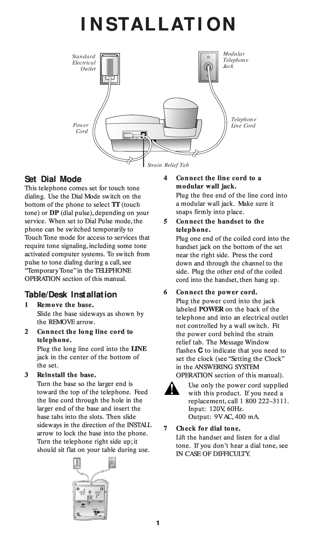 AT&T 1817 user manual I N S Ta L L At I O N, Set Dial Mode, Table/Desk Installation, Remove the base, Reinstall the base 