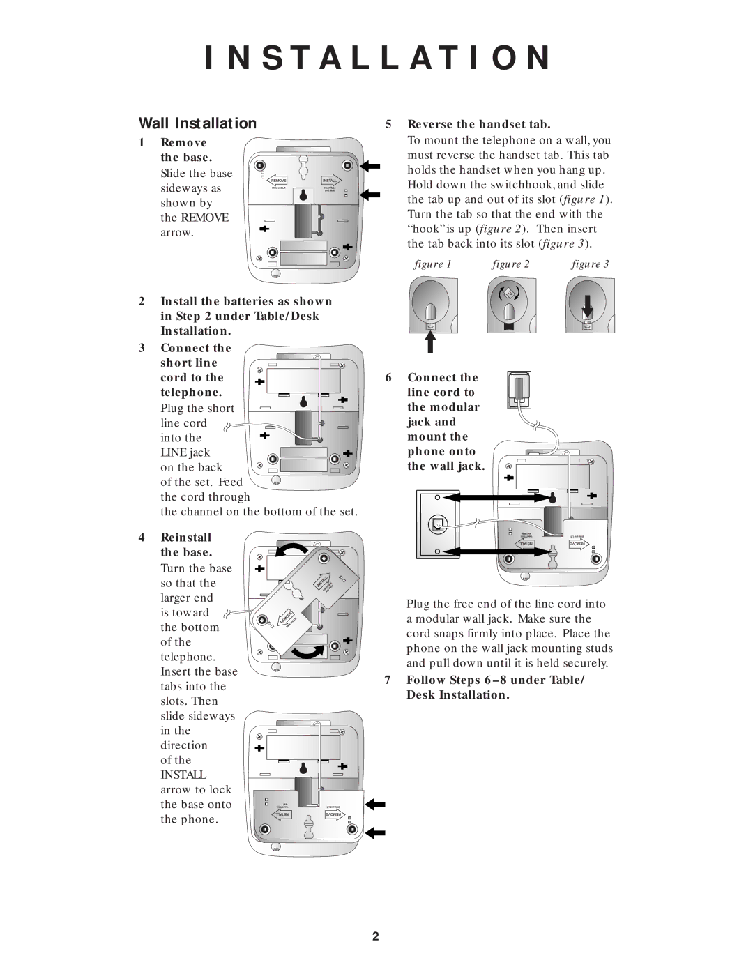 AT&T 1818 user manual Wall Installation, Reverse the handset tab, Follow Steps 6 8 under Table/ Desk Installation 