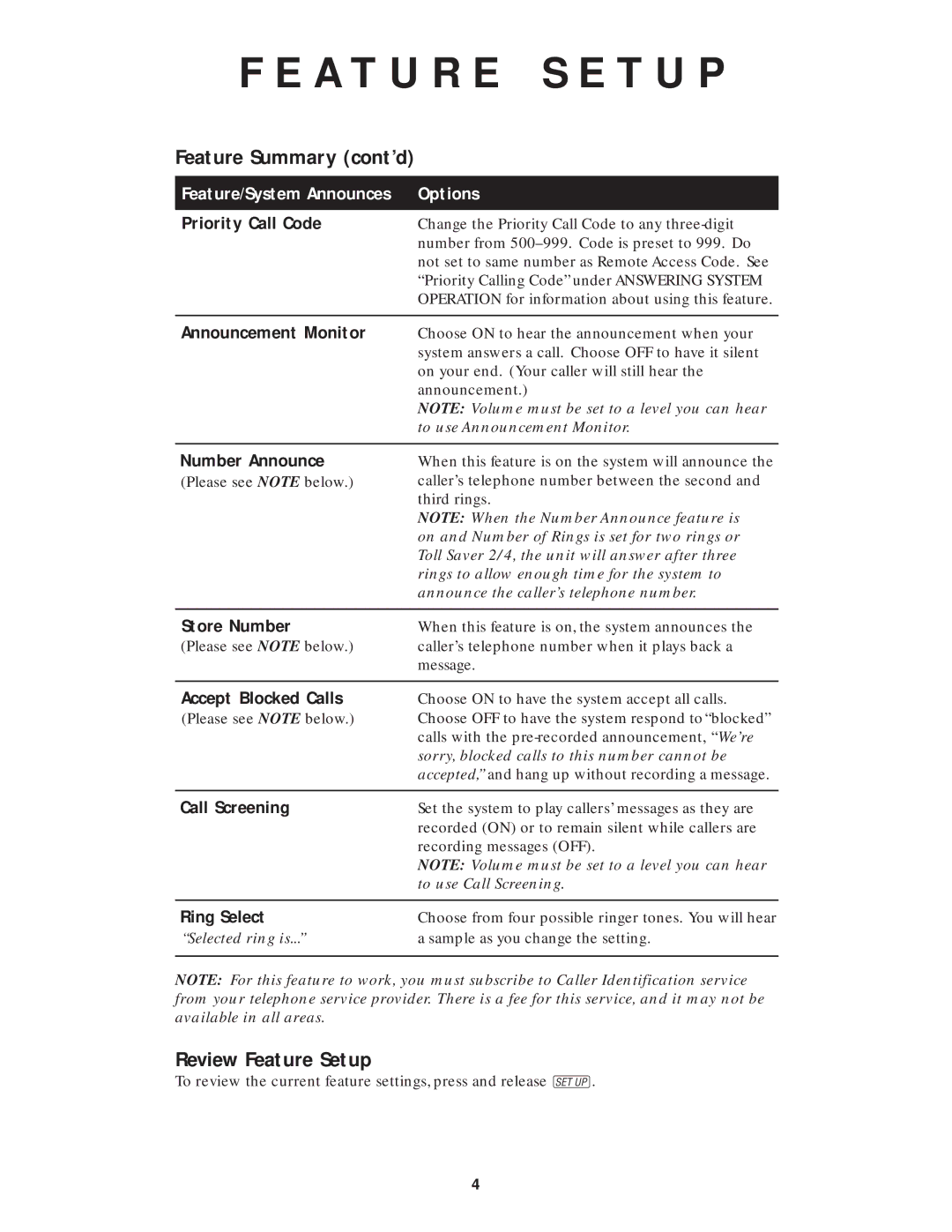 AT&T 1818 user manual Feature Summary cont’d, Review Feature Setup 