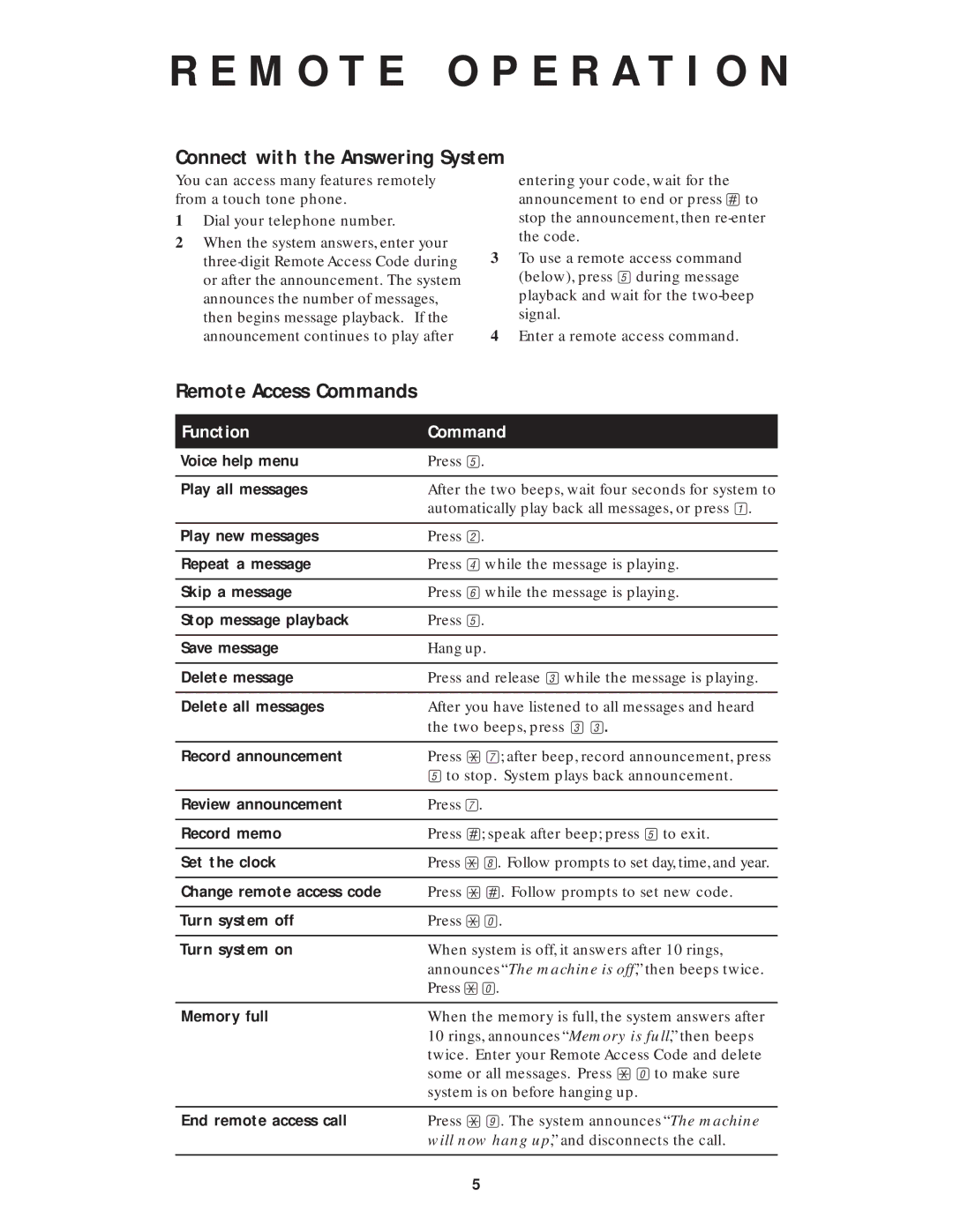 AT&T 1818 user manual M O T E O P E R a T I O N, Connect with the Answering System, Remote Access Commands 