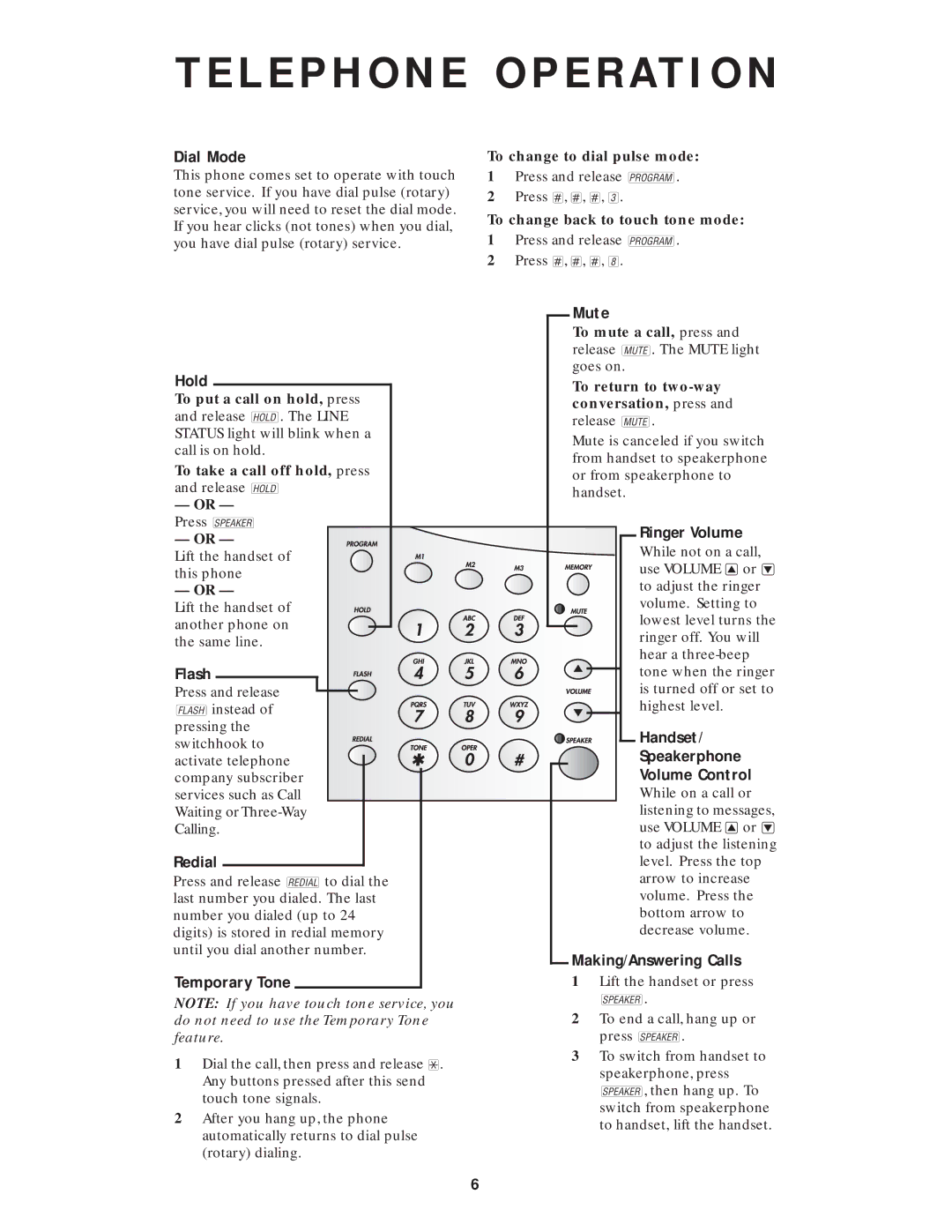 AT&T 1818 Dial Mode, Hold, Flash, Redial, Temporary Tone, Mute, Ringer Volume, Handset Speakerphone Volume Control 